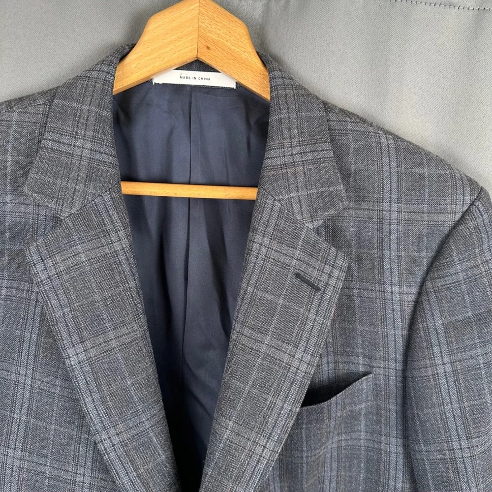John W. Nordstrom Mens 44L Blazer Sport Coat Grey Blue Plaid Silk Wool Blend